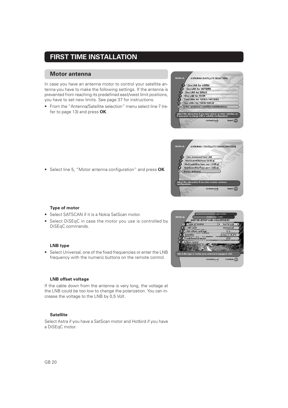 First time installation, Motor antenna | Nokia Mediamaster 9802 S User Manual | Page 20 / 50