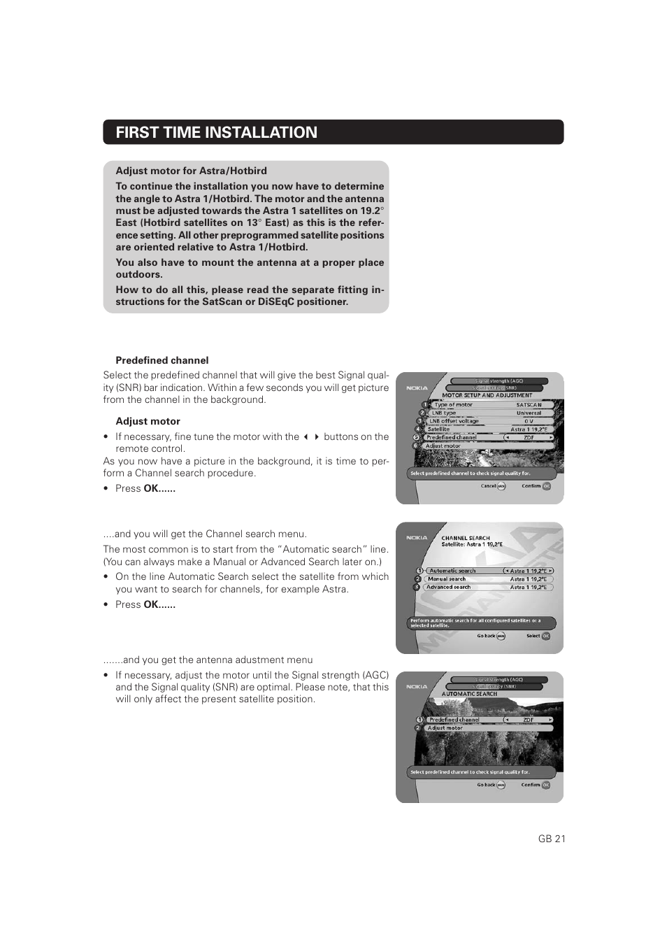 First time installation | Nokia Mediamaster 9802 S User Manual | Page 21 / 50