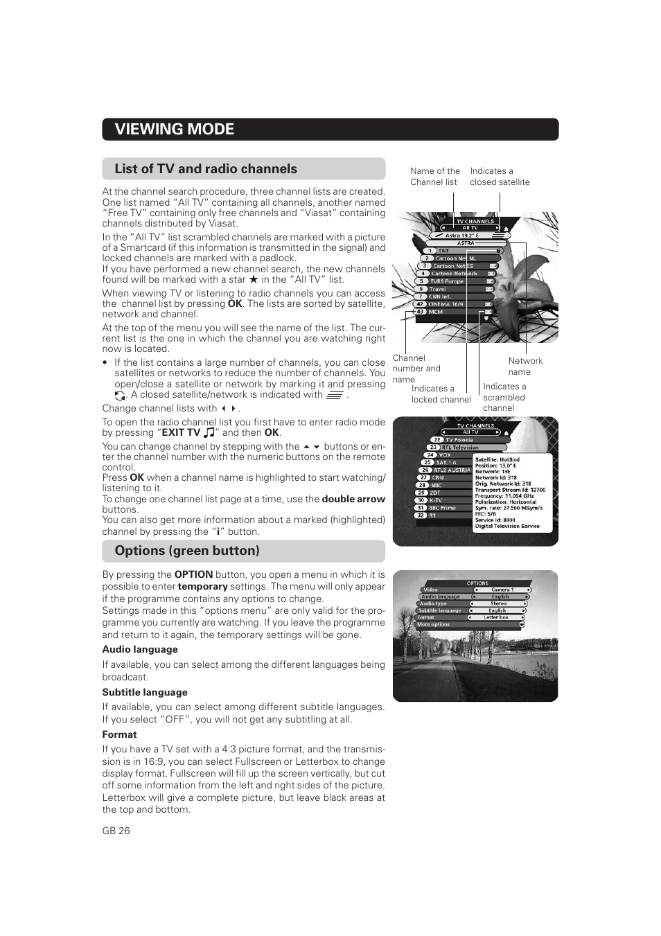 Viewing mode, List of tv and radio channels, Options (green button) | Nokia Mediamaster 9802 S User Manual | Page 26 / 50