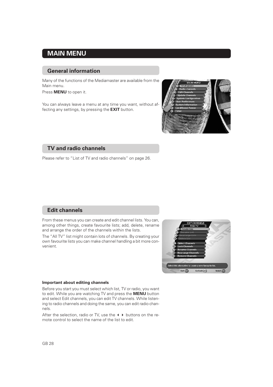 Main menu, General information, Tv and radio channels | Edit channels | Nokia Mediamaster 9802 S User Manual | Page 28 / 50