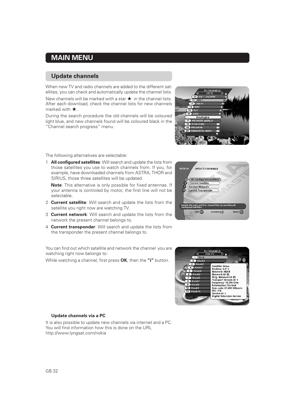 Main menu, Update channels | Nokia Mediamaster 9802 S User Manual | Page 32 / 50