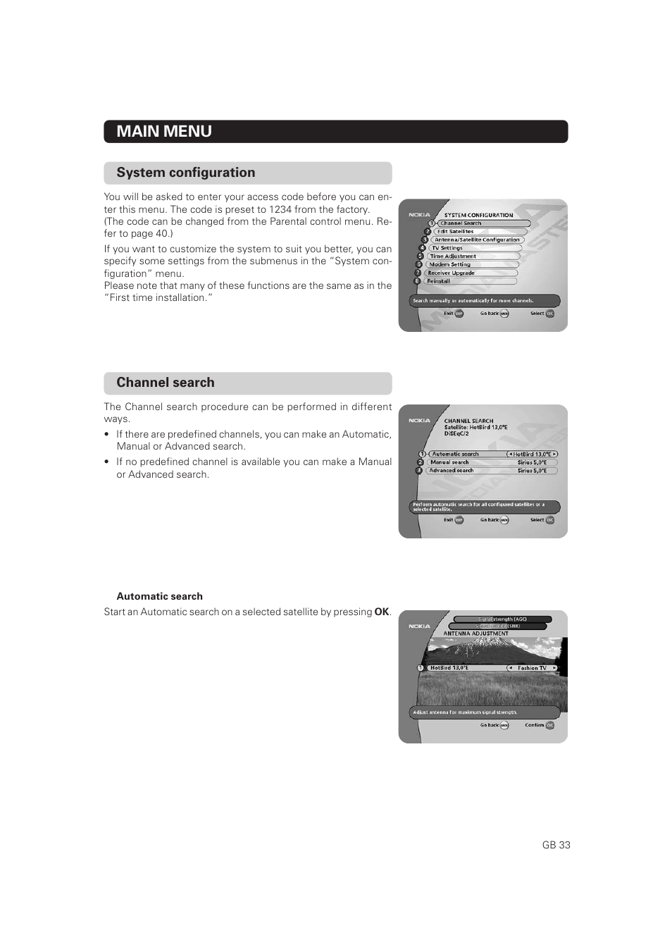 Main menu, System configuration, Channel search | Nokia Mediamaster 9802 S User Manual | Page 33 / 50