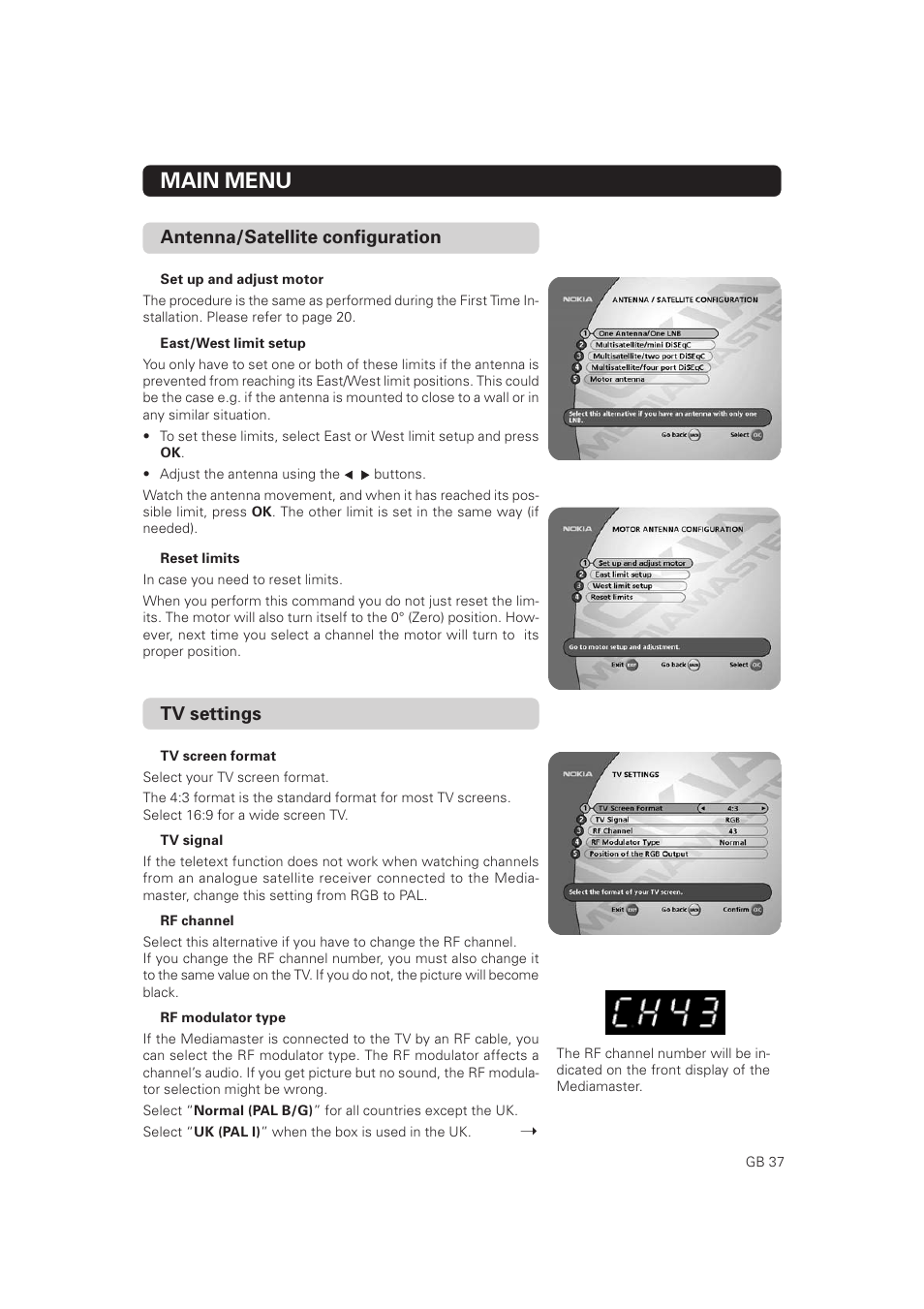 Main menu, Tv settings, Antenna/satellite configuration | Nokia Mediamaster 9802 S User Manual | Page 37 / 50