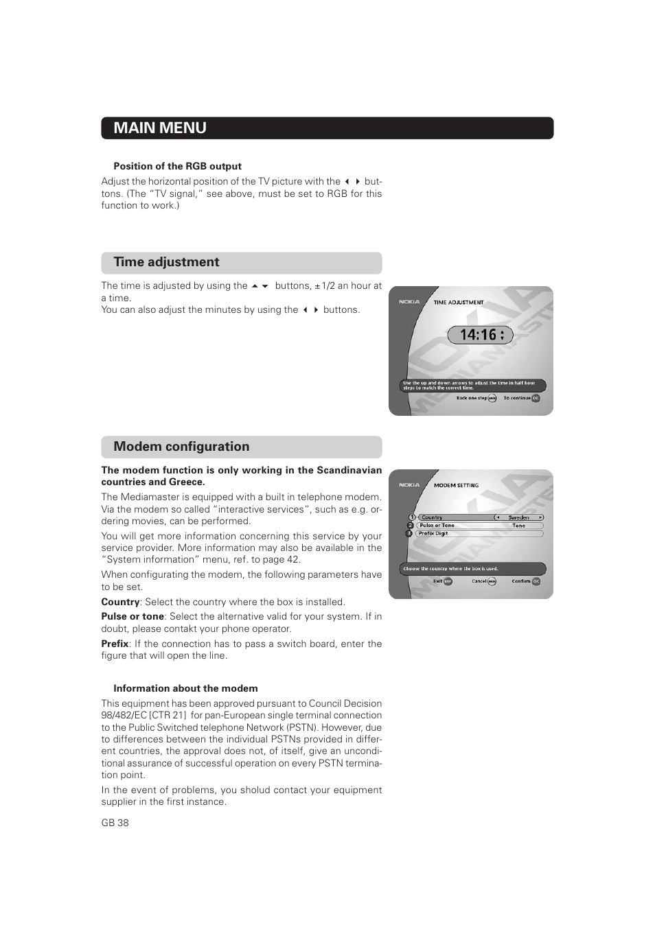 Main menu, Time adjustment, Modem configuration | Nokia Mediamaster 9802 S User Manual | Page 38 / 50