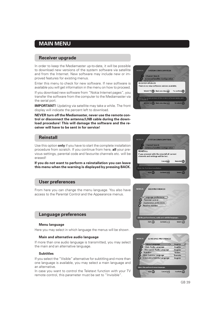 Main menu, Receiver upgrade, Reinstall | User preferences, Language preferences | Nokia Mediamaster 9802 S User Manual | Page 39 / 50