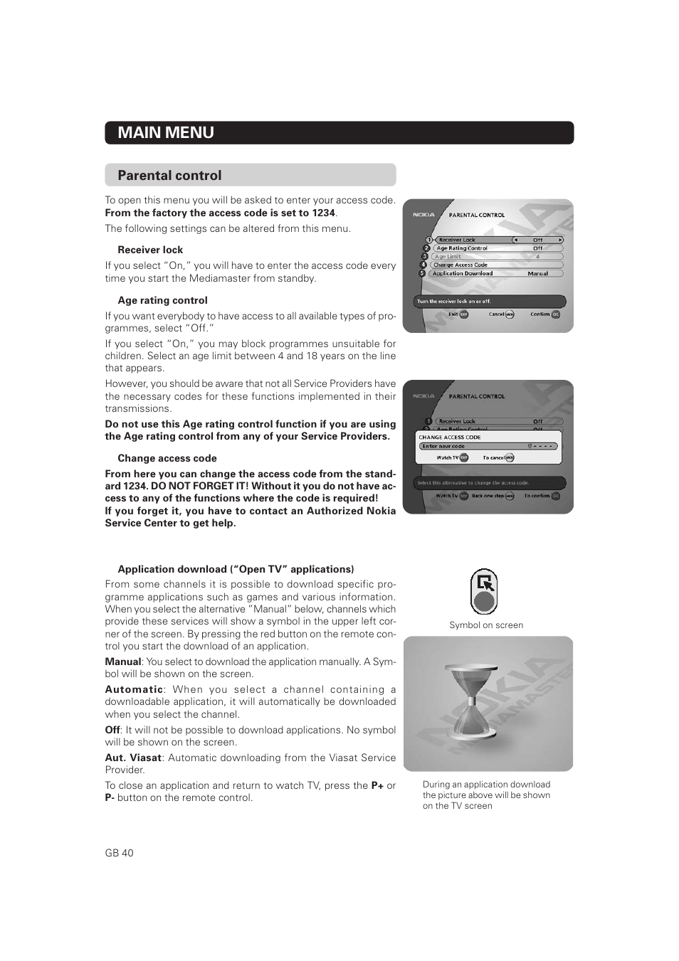 Main menu, Parental control | Nokia Mediamaster 9802 S User Manual | Page 40 / 50