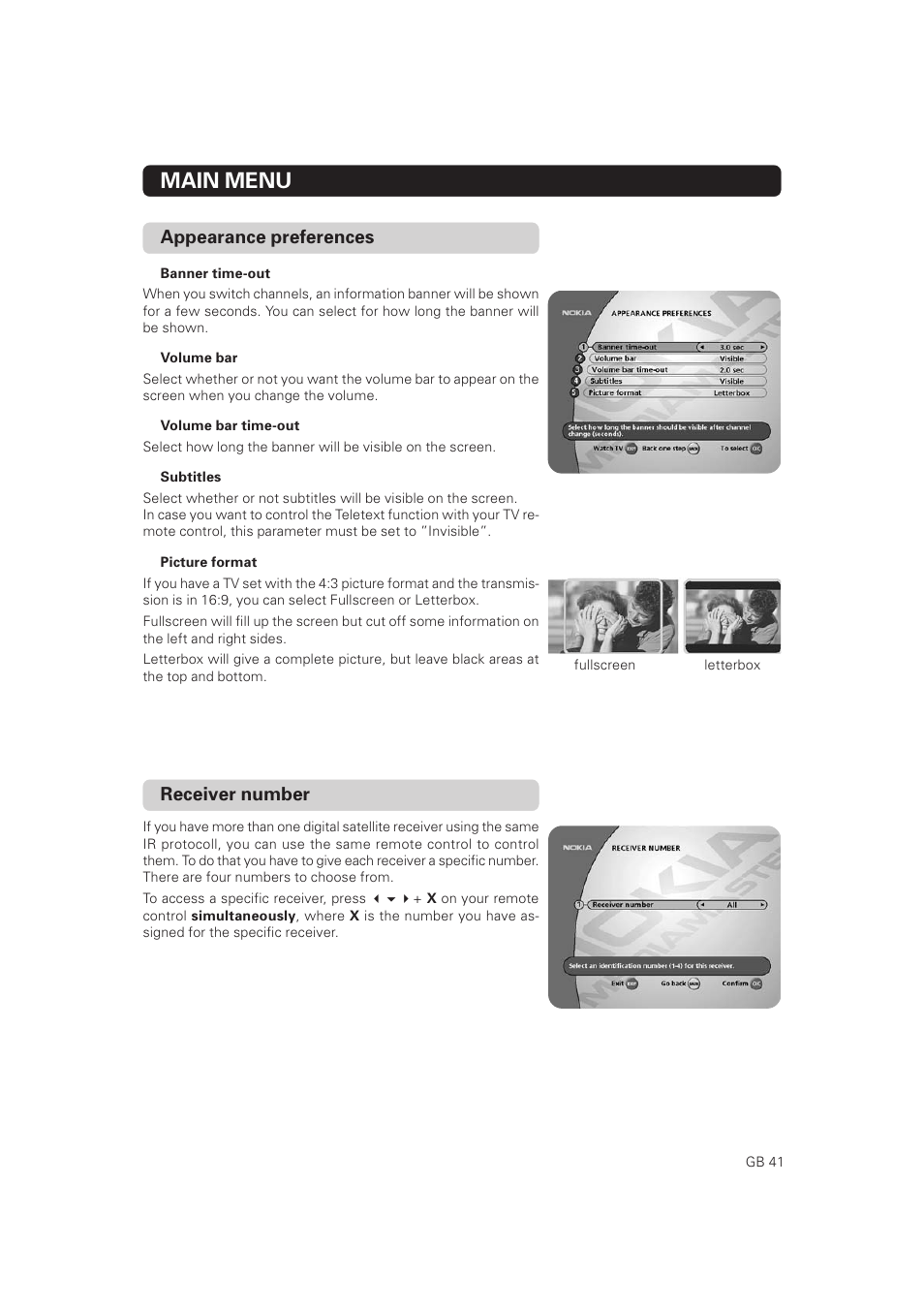 Main menu, Appearance preferences, Receiver number | Nokia Mediamaster 9802 S User Manual | Page 41 / 50