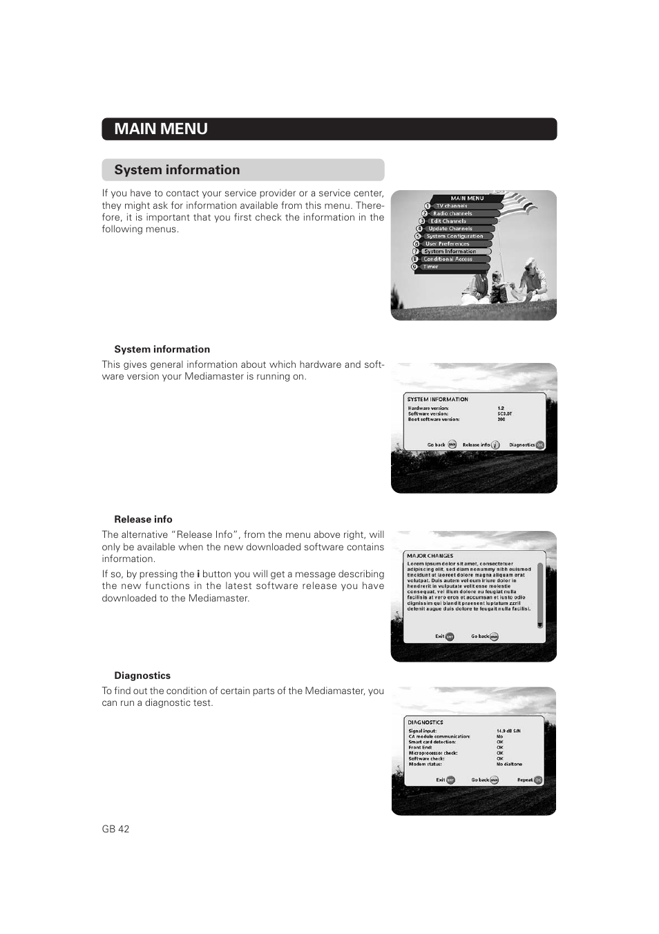 Main menu, System information | Nokia Mediamaster 9802 S User Manual | Page 42 / 50