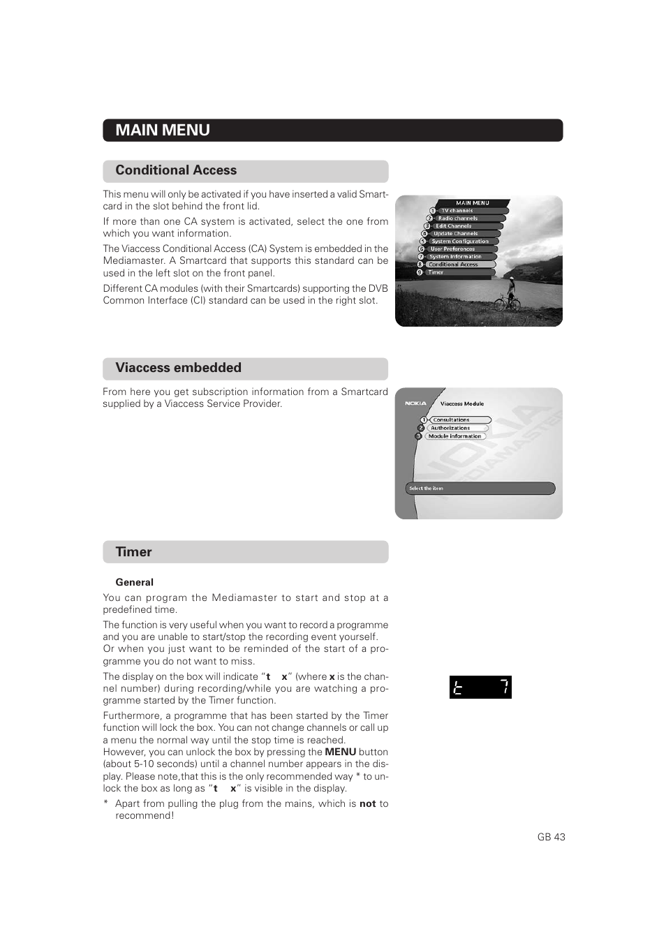 Main menu, Conditional access, Viaccess embedded | Timer | Nokia Mediamaster 9802 S User Manual | Page 43 / 50