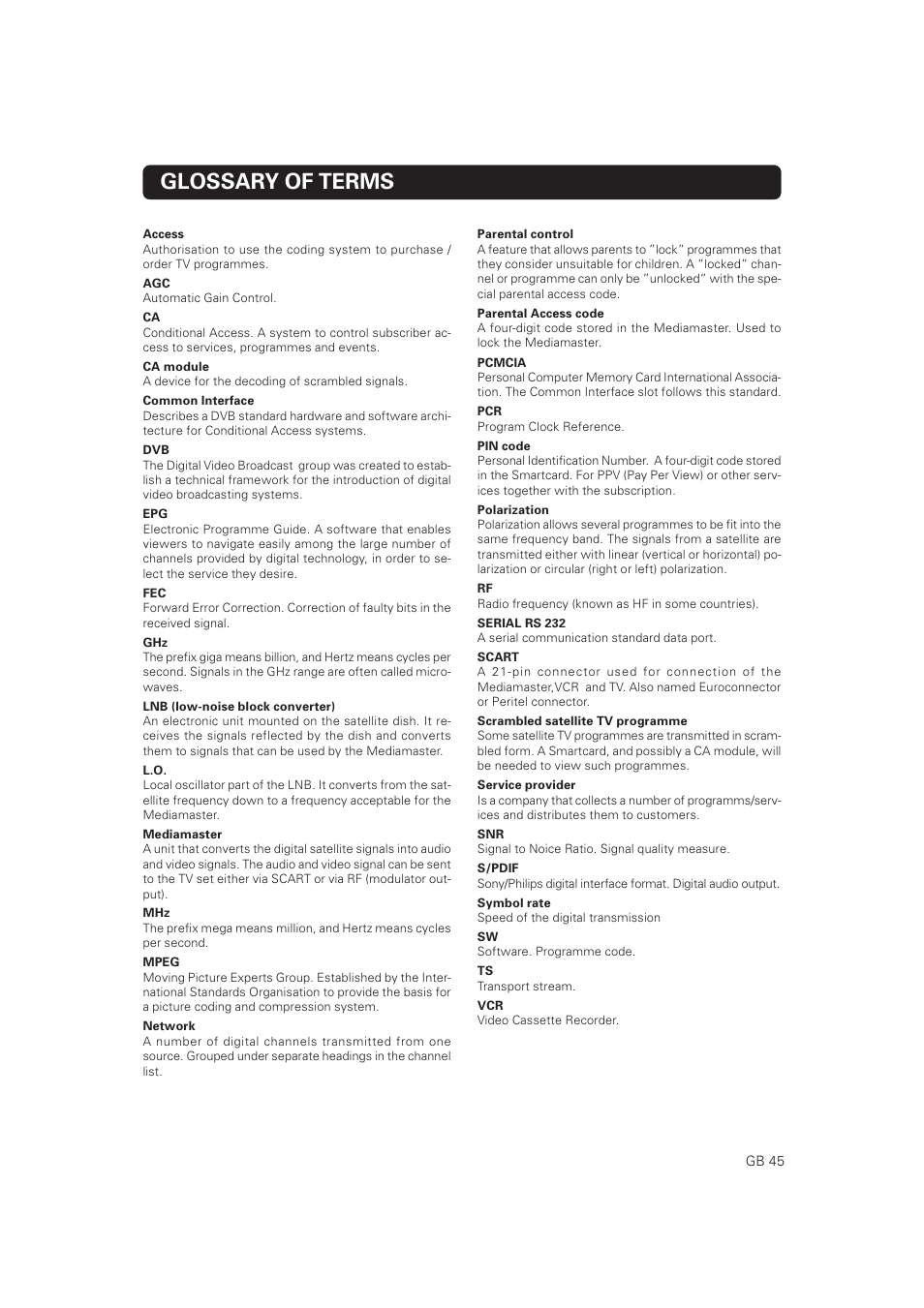 Glossary of terms | Nokia Mediamaster 9802 S User Manual | Page 45 / 50