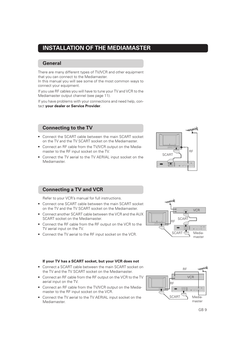 Installation of the mediamaster, Connecting to the tv, General | Connecting a tv and vcr | Nokia Mediamaster 9802 S User Manual | Page 9 / 50