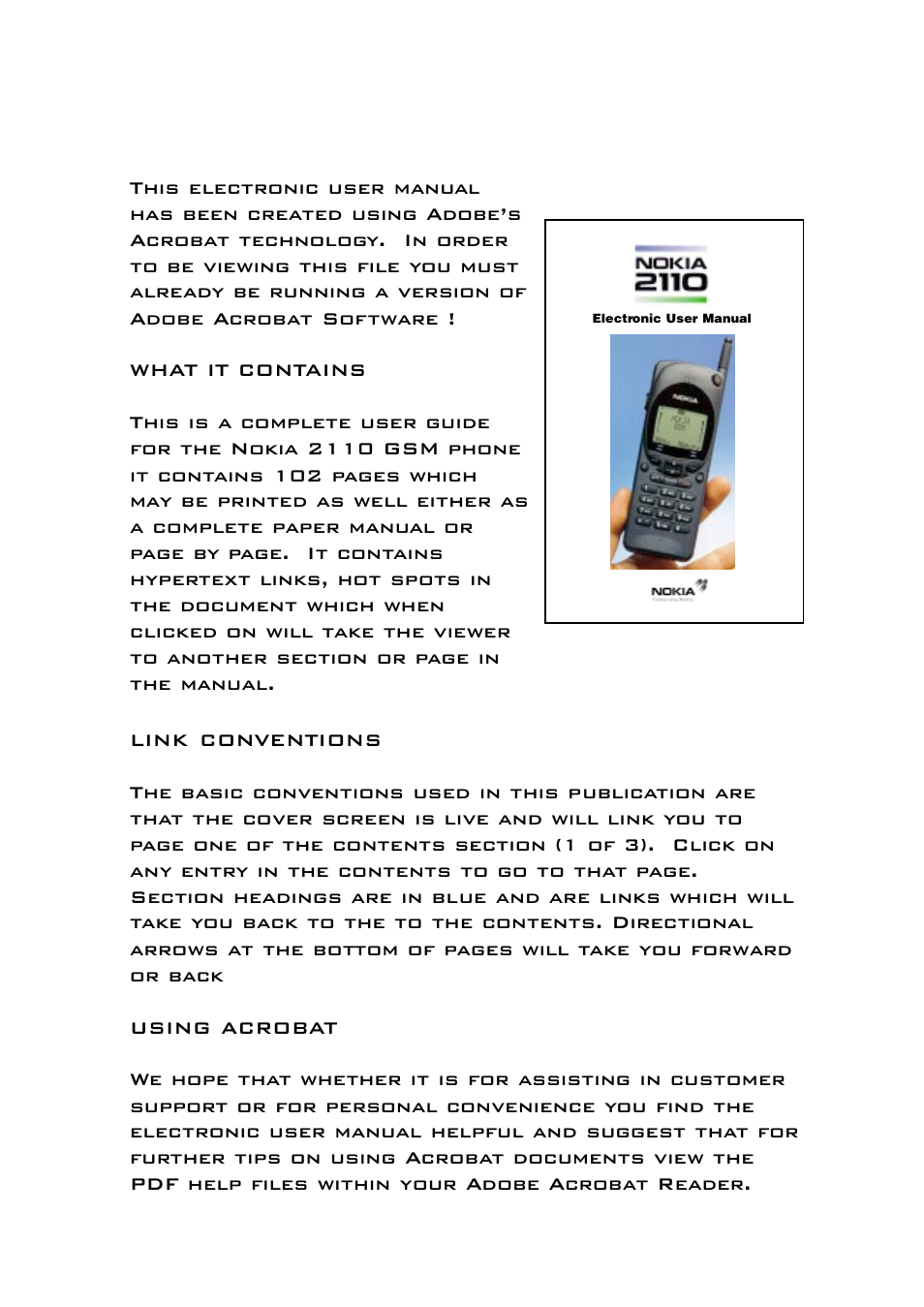 Electronic user’s guide | Nokia 2110 User Manual | Page 4 / 102