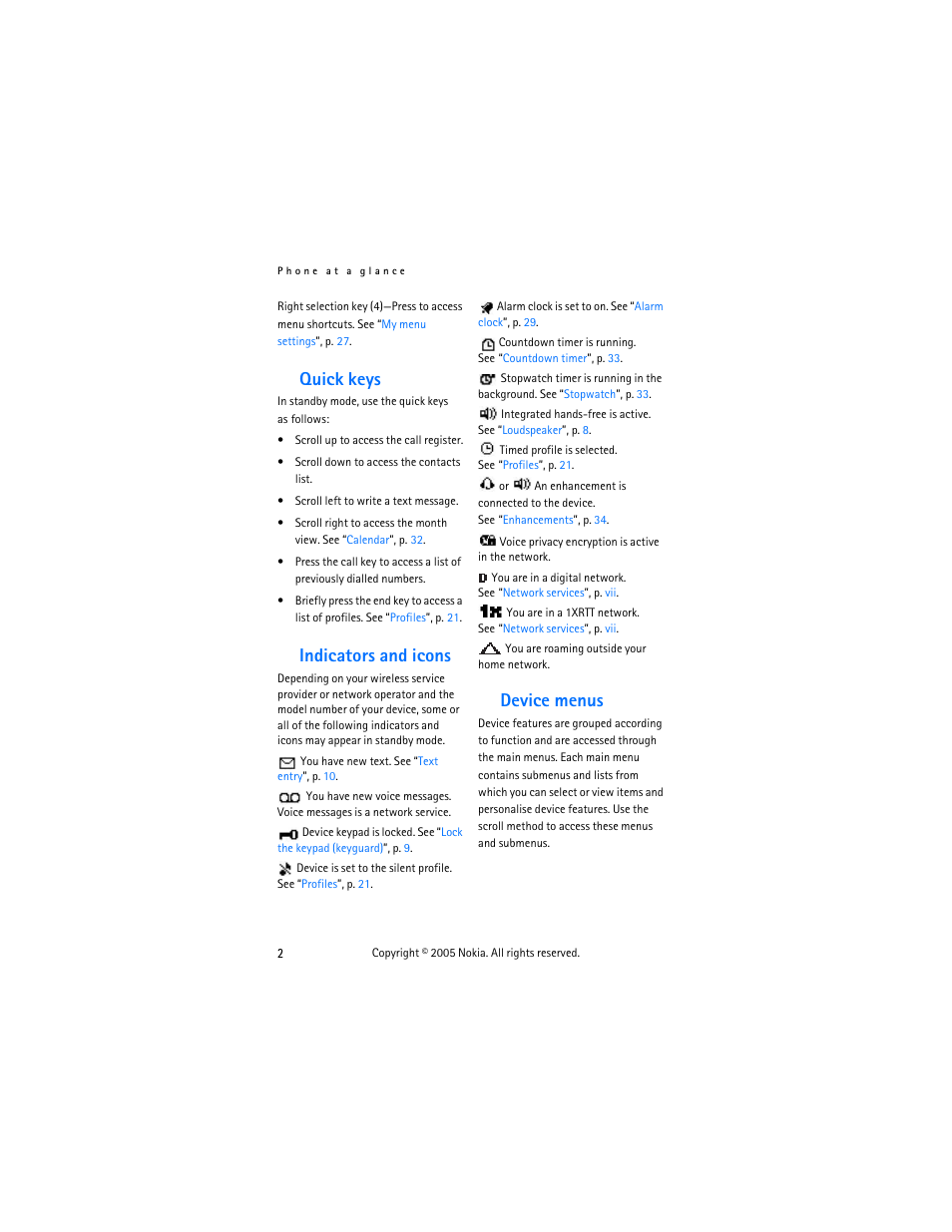 Quick keys, Indicators and icons, Device menus | Quick keys indicators and icons device menus | Nokia 2255 User Manual | Page 10 / 54