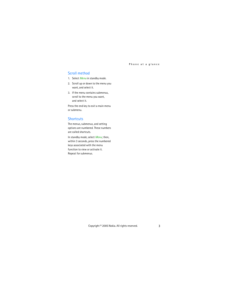 Scroll method, Shortcuts, Scroll method shortcuts | Nokia 2255 User Manual | Page 11 / 54