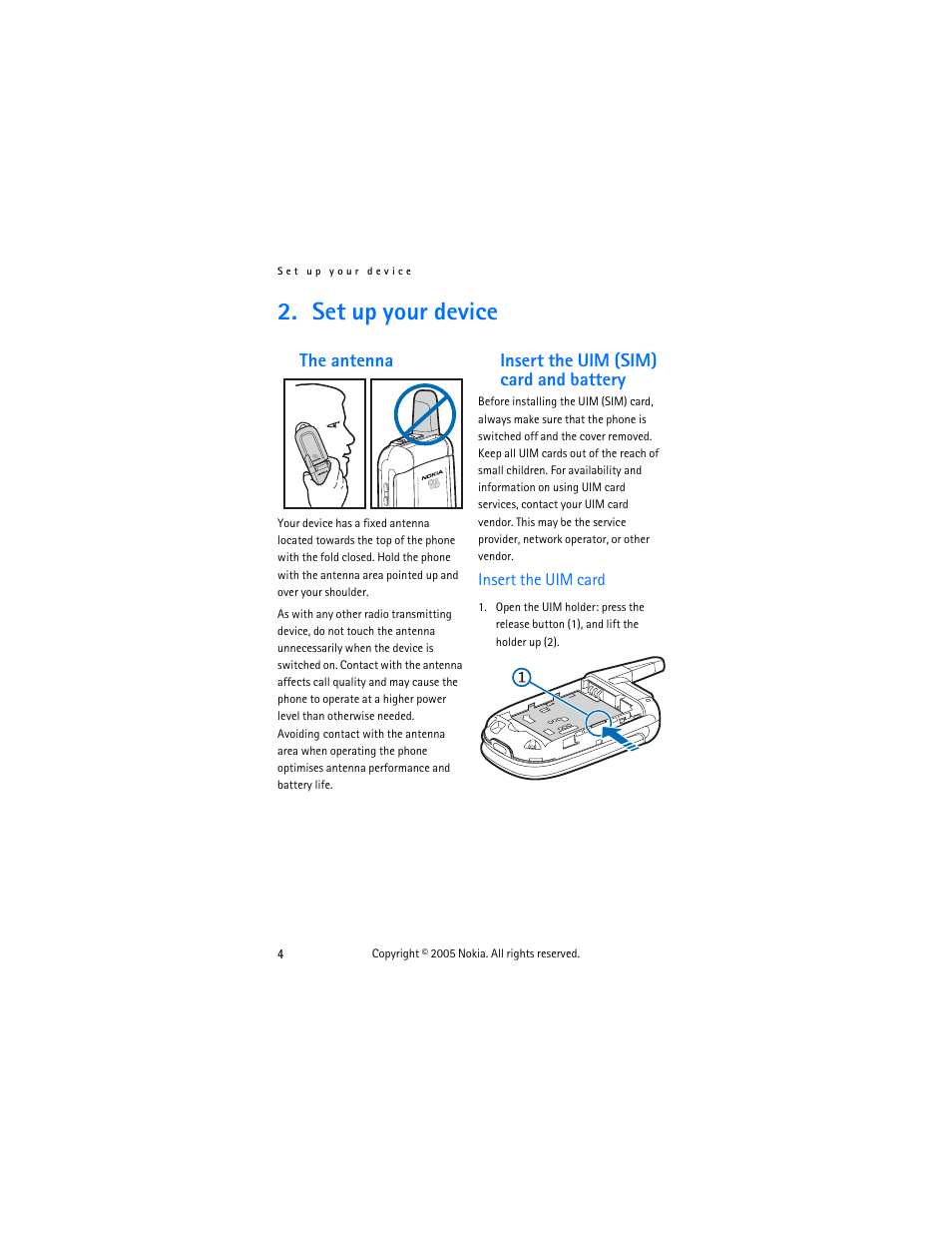 Set up your device, The antenna, Insert the uim (sim) card and battery | Insert the uim card, The antenna insert the uim (sim) card and battery | Nokia 2255 User Manual | Page 12 / 54