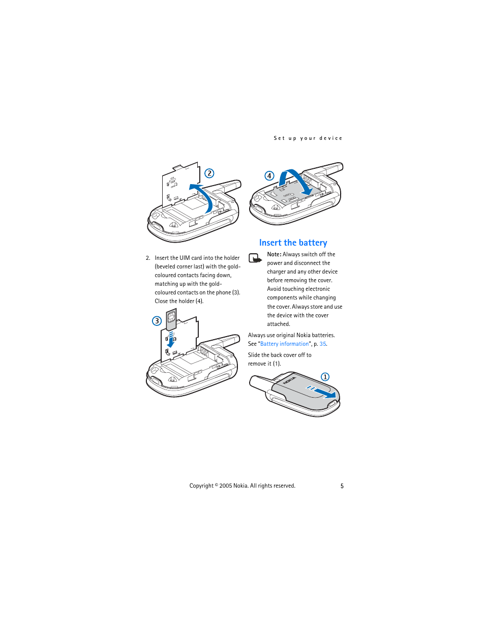 Insert the battery | Nokia 2255 User Manual | Page 13 / 54
