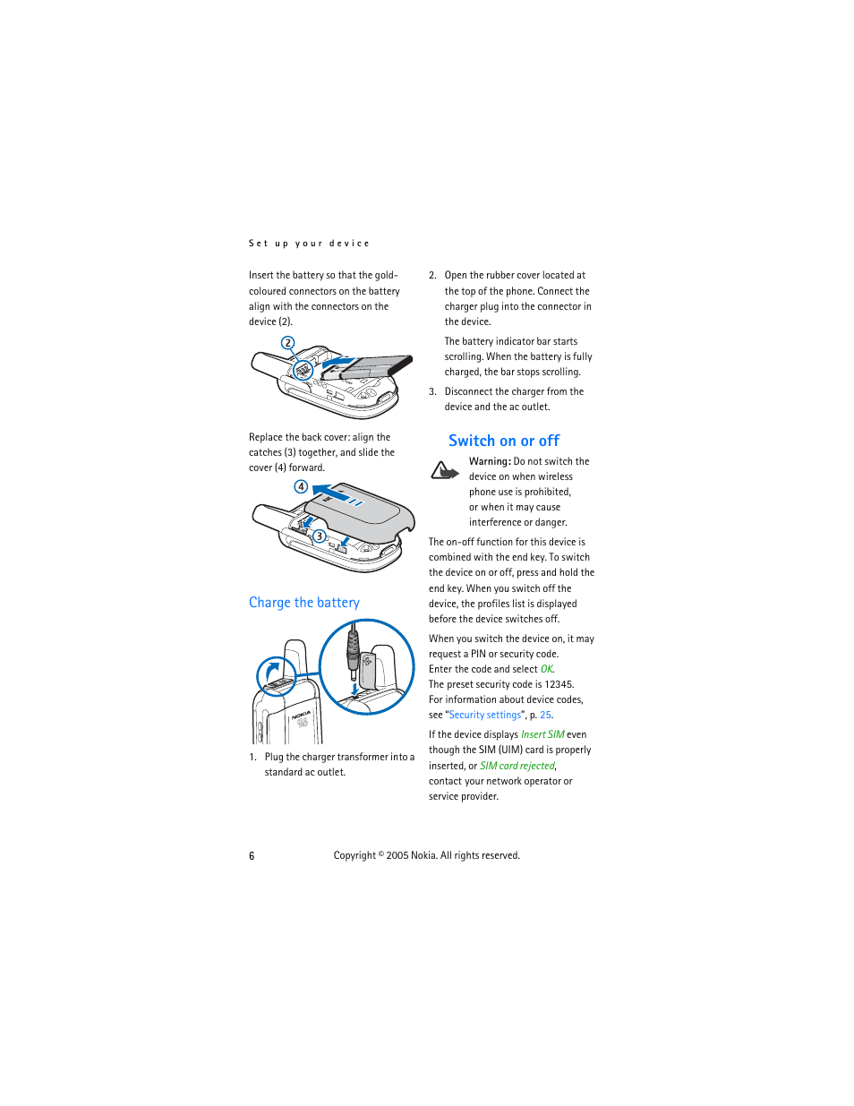 Charge the battery, Switch on or off | Nokia 2255 User Manual | Page 14 / 54