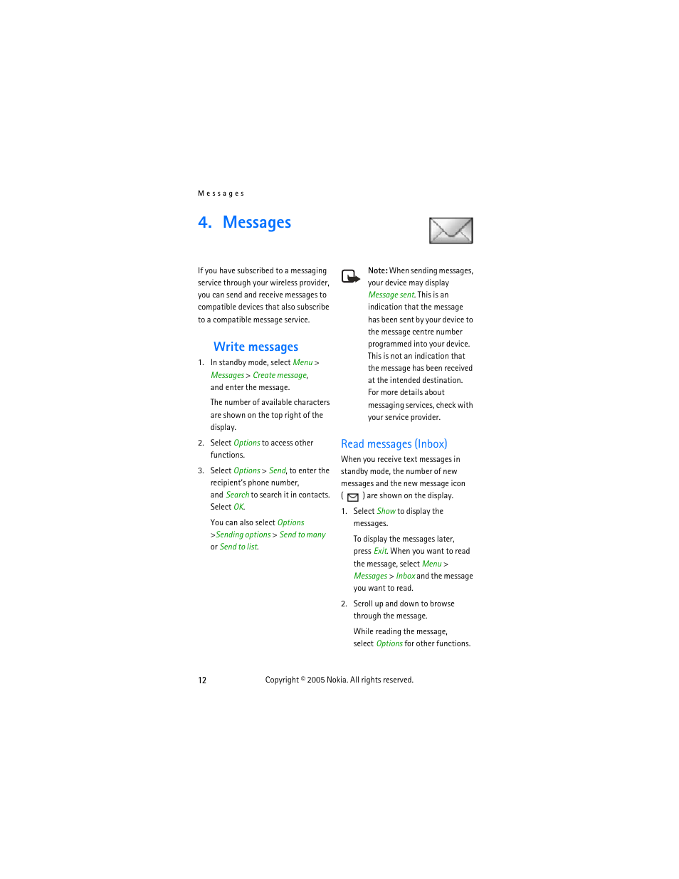 Messages, Write messages, Read messages (inbox) | Nokia 2255 User Manual | Page 20 / 54