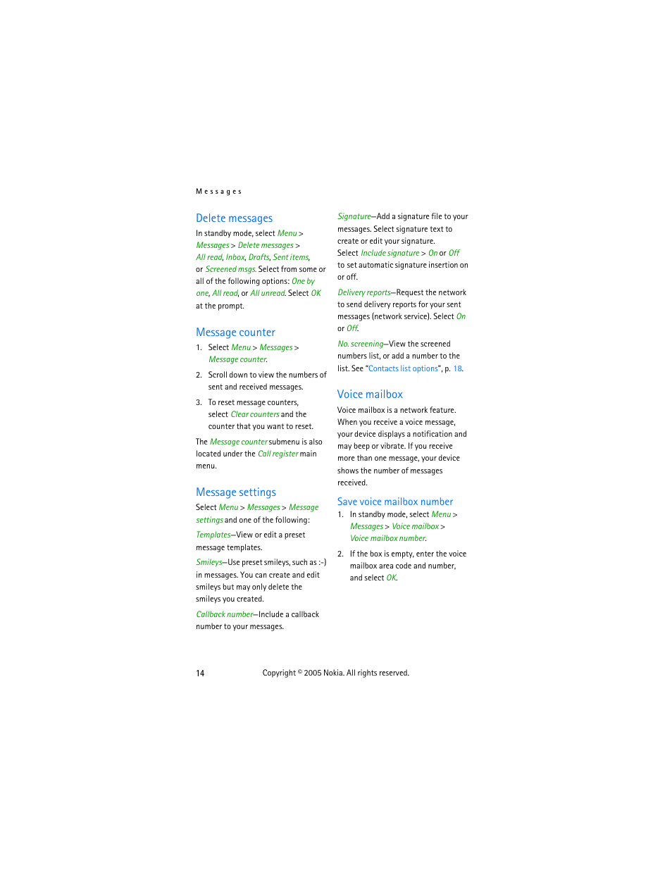 Delete messages, Message counter, Message settings | Voice mailbox, Save voice mailbox number | Nokia 2255 User Manual | Page 22 / 54