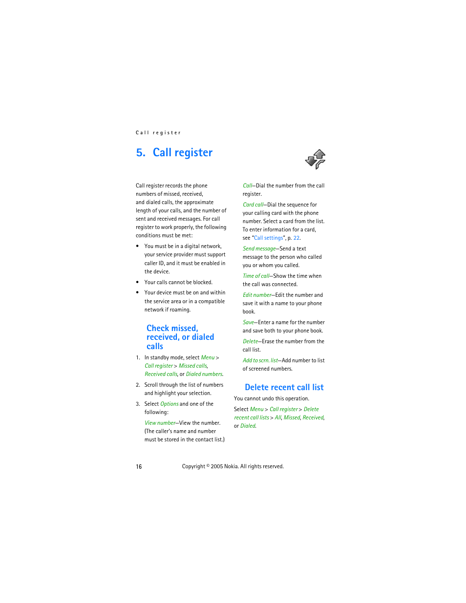 Call register, Check missed, received, or dialed calls, Delete recent call list | Nokia 2255 User Manual | Page 24 / 54