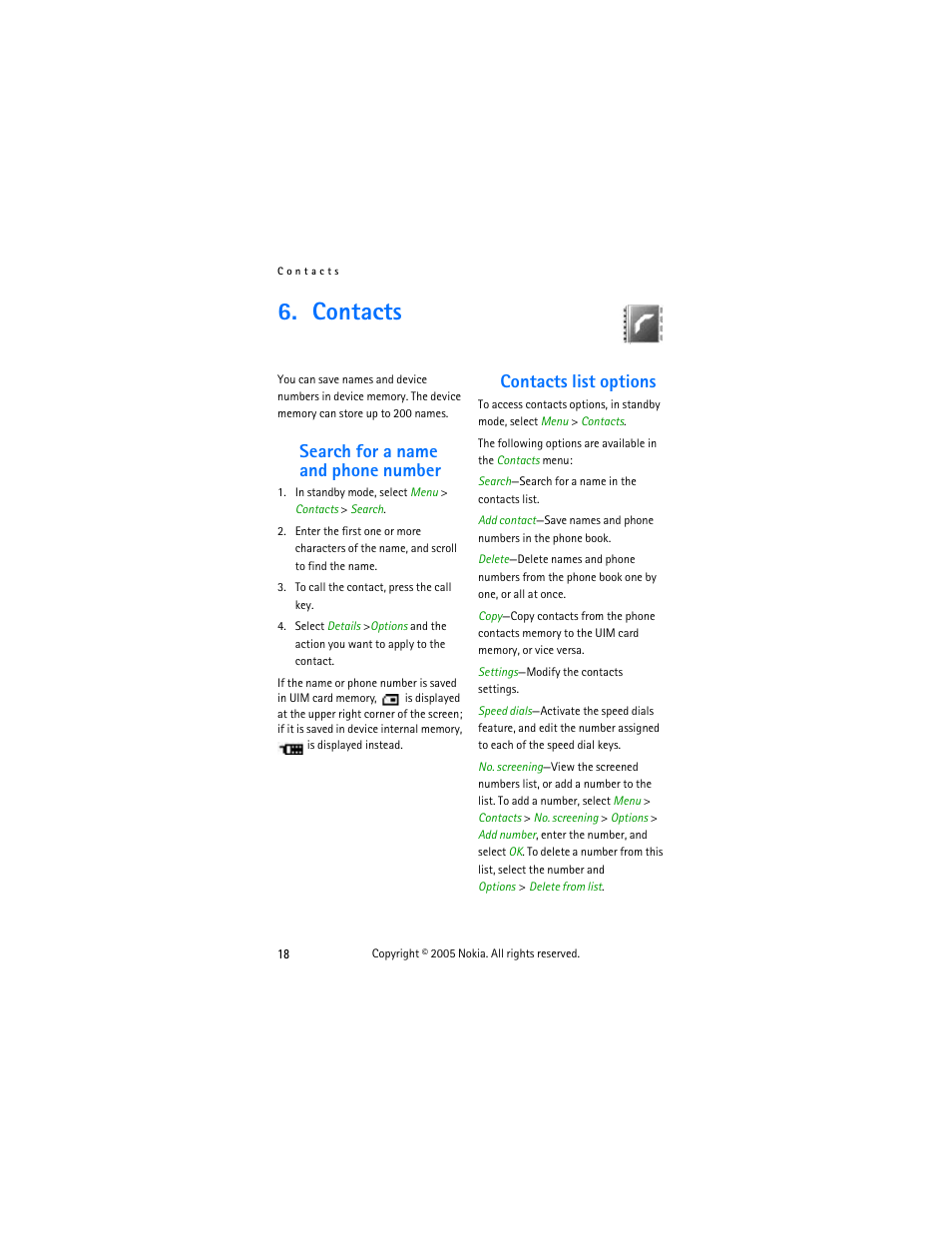 Contacts, Search for a name and phone number, Contacts list options | Contacts list, Options, Ing. see, T. see | Nokia 2255 User Manual | Page 26 / 54