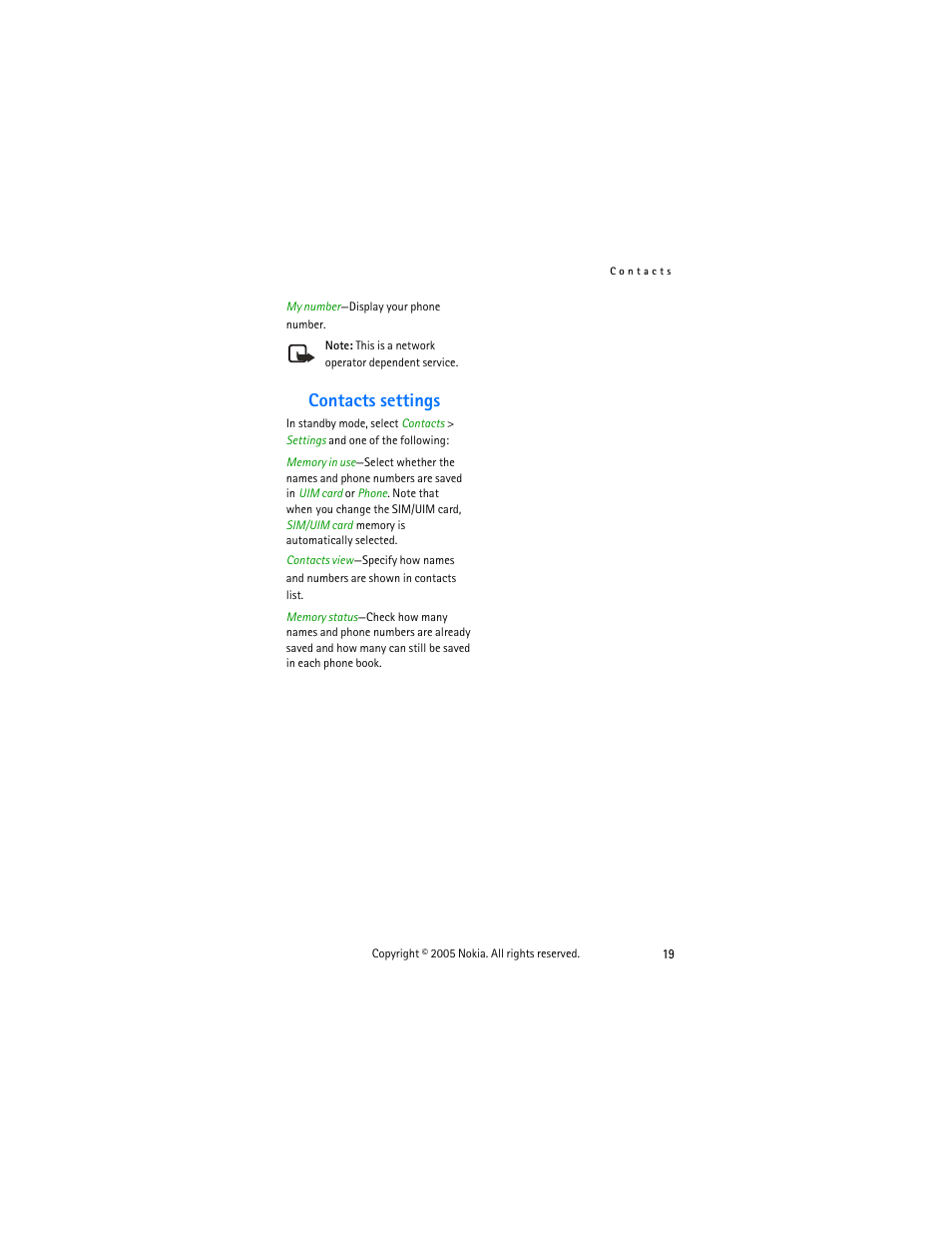 Contacts settings | Nokia 2255 User Manual | Page 27 / 54