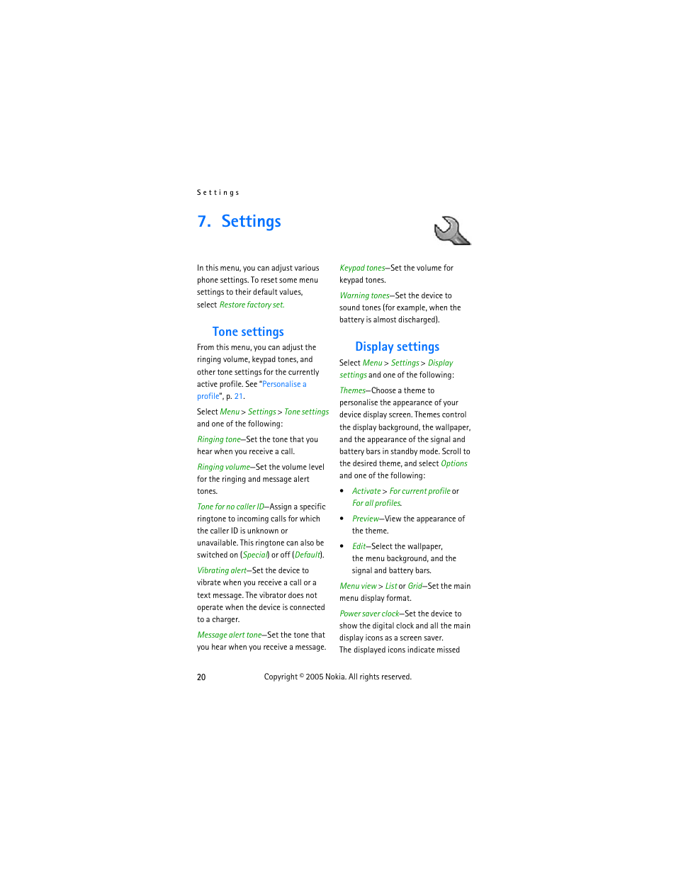Settings, Tone settings, Display settings | Tone settings display settings | Nokia 2255 User Manual | Page 28 / 54
