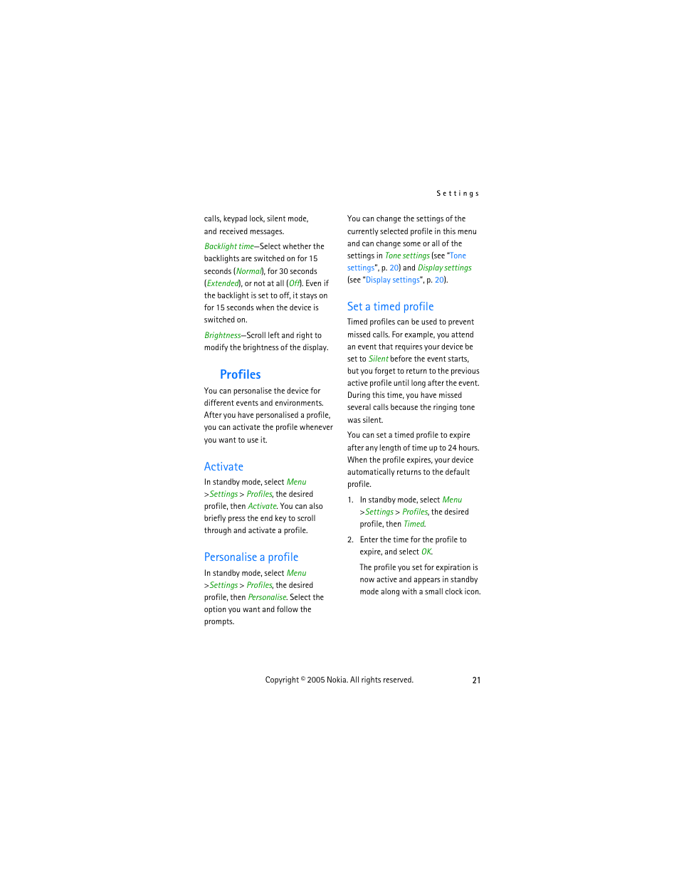 Profiles, Activate, Personalise a profile | Set a timed profile, Activate personalise a profile set a timed profile, Personalise a, Profile | Nokia 2255 User Manual | Page 29 / 54