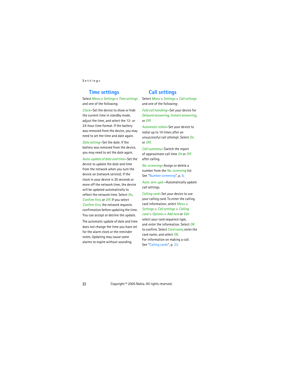 Time settings, Call settings, Time settings call settings | Nokia 2255 User Manual | Page 30 / 54