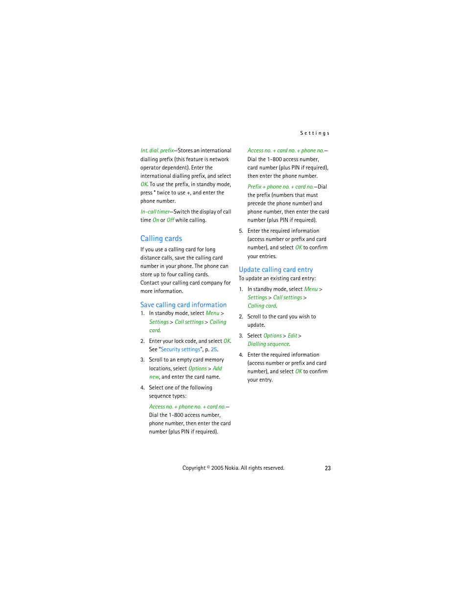 Calling cards, Save calling card information, Update calling card entry | Nokia 2255 User Manual | Page 31 / 54