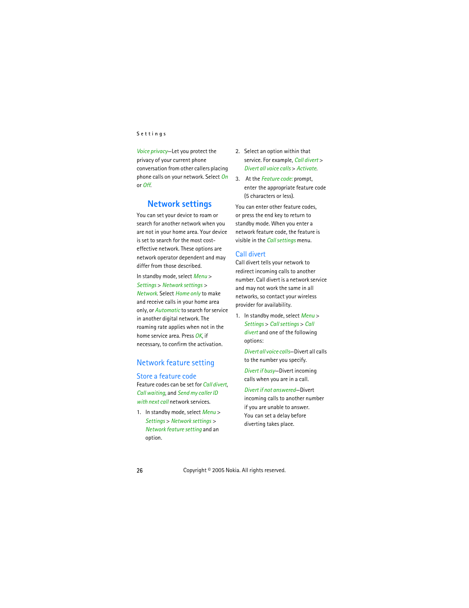 Network settings, Network feature setting, Store a feature code | Call divert | Nokia 2255 User Manual | Page 34 / 54