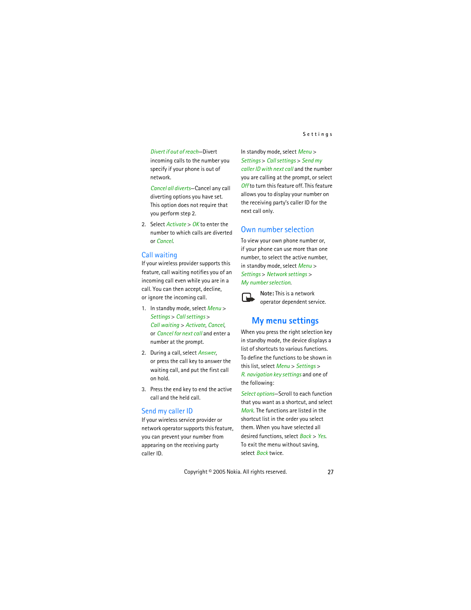 Call waiting, Send my caller id, Own number selection | My menu settings, S. see, My menu, Settings | Nokia 2255 User Manual | Page 35 / 54