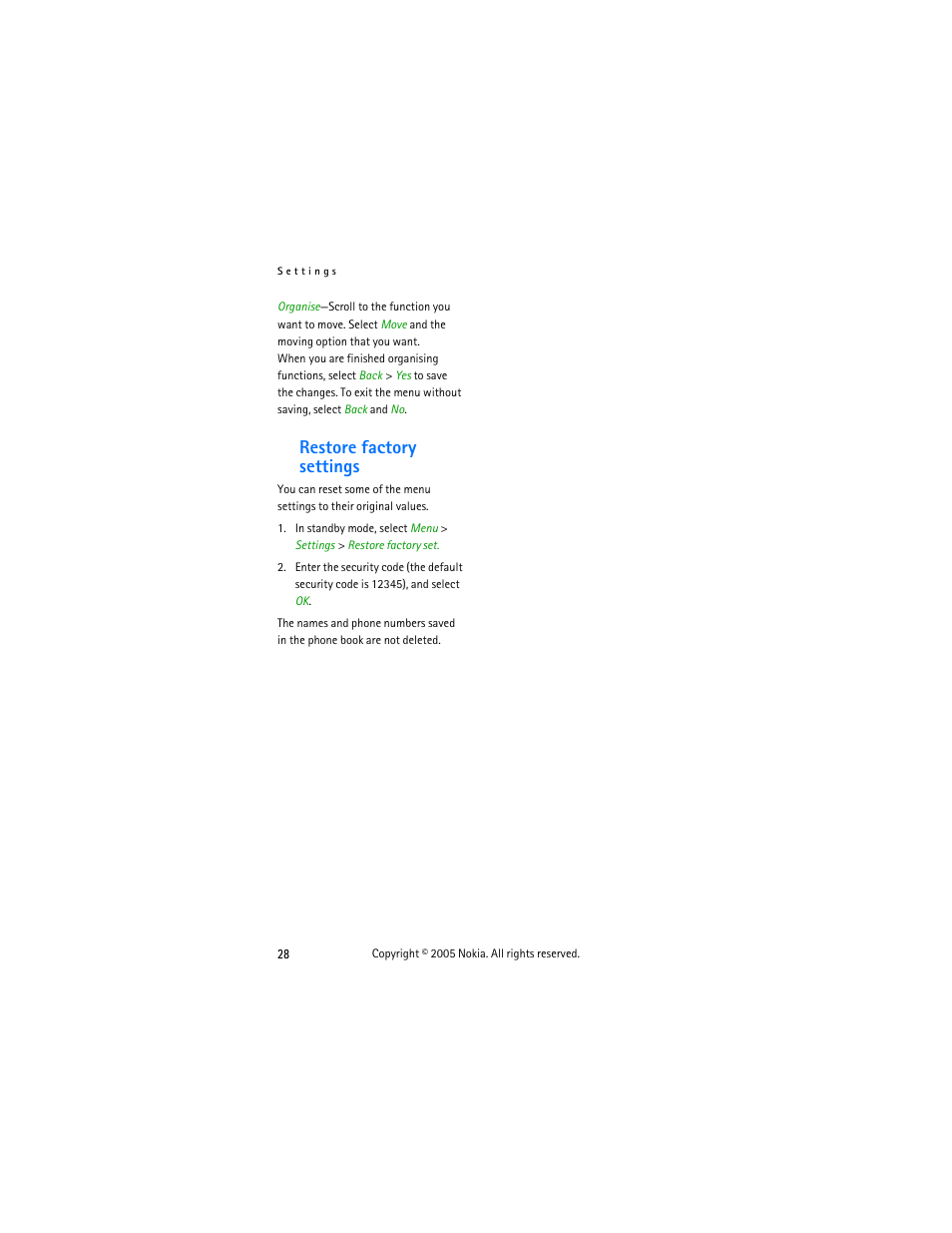 Restore factory settings | Nokia 2255 User Manual | Page 36 / 54
