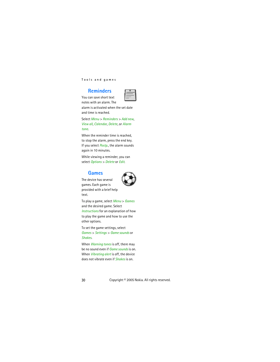 Reminders, Games, Reminders games | Nokia 2255 User Manual | Page 38 / 54