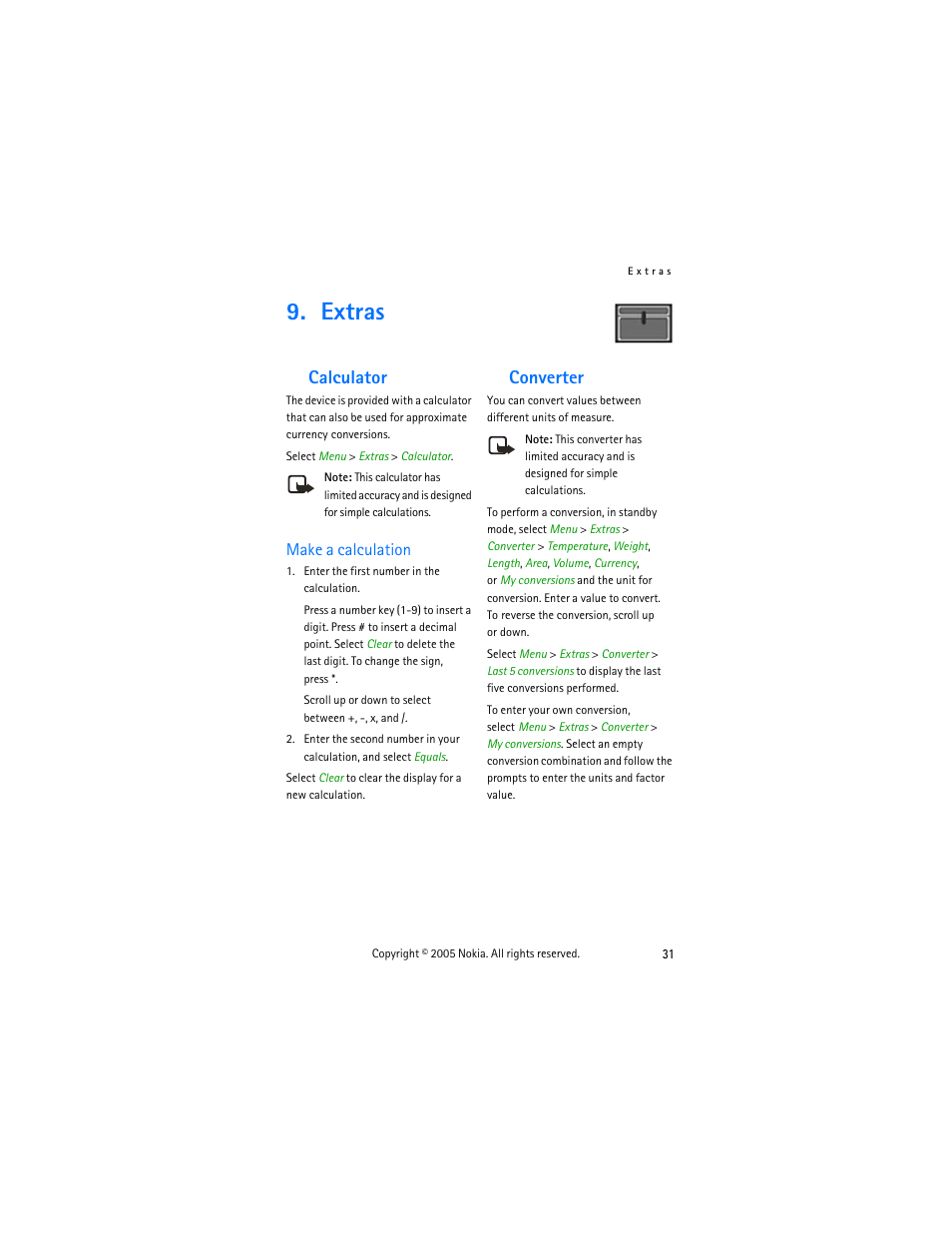 Extras, Calculator, Make a calculation | Converter | Nokia 2255 User Manual | Page 39 / 54