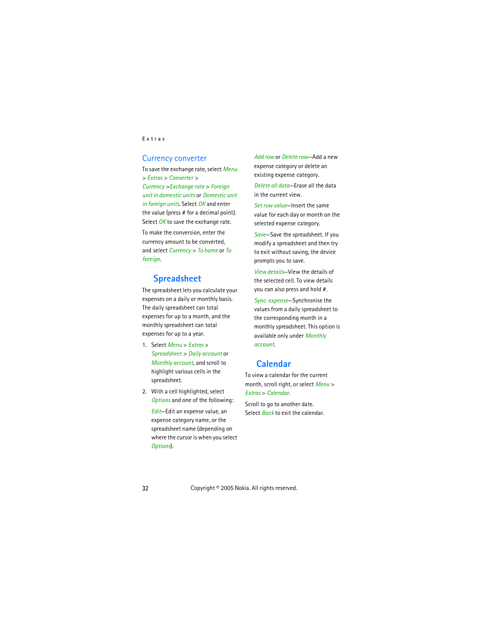 Currency converter, Spreadsheet, Calendar | Spreadsheet calendar | Nokia 2255 User Manual | Page 40 / 54