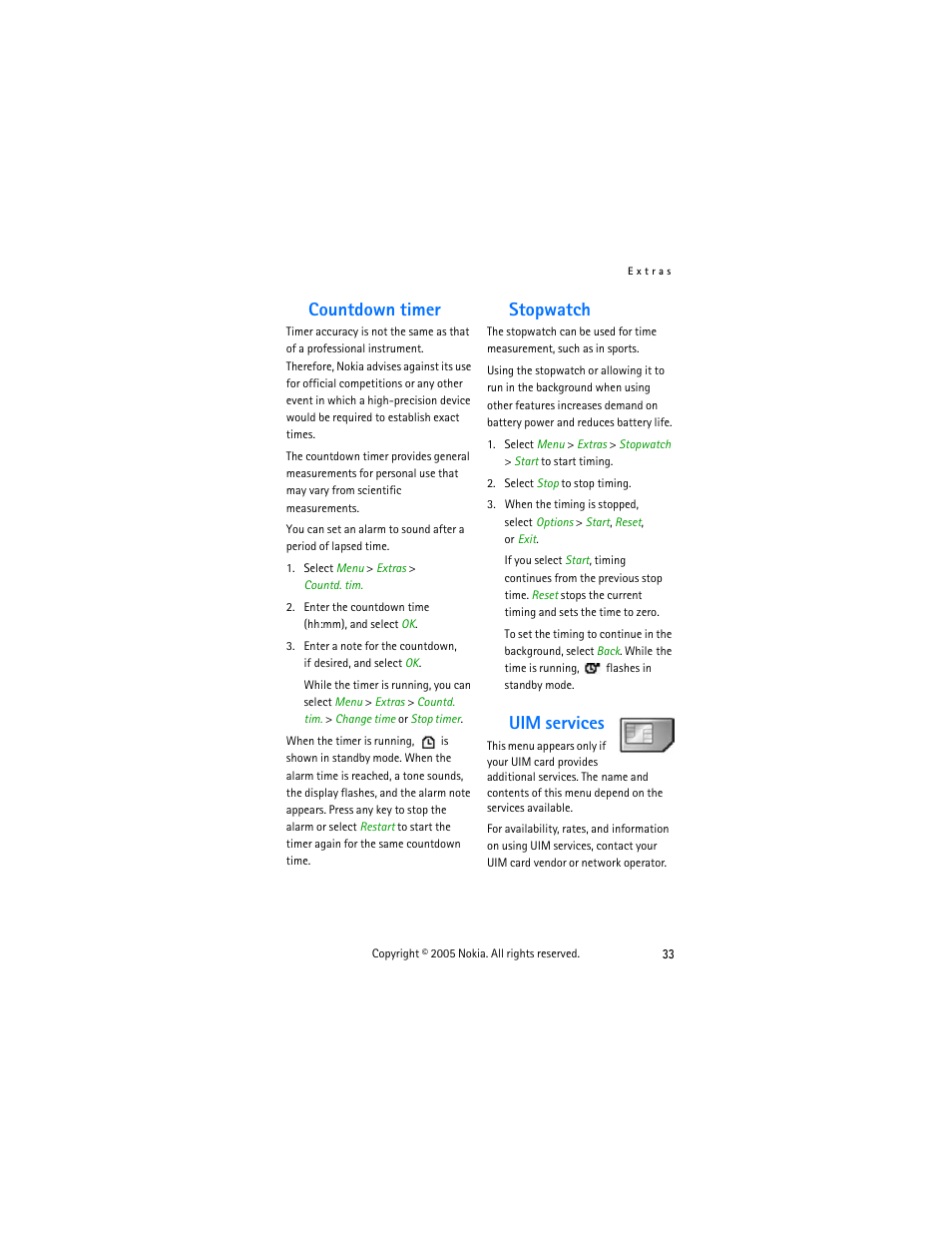 Countdown timer, Stopwatch, Uim services | Countdown timer stopwatch uim services | Nokia 2255 User Manual | Page 41 / 54