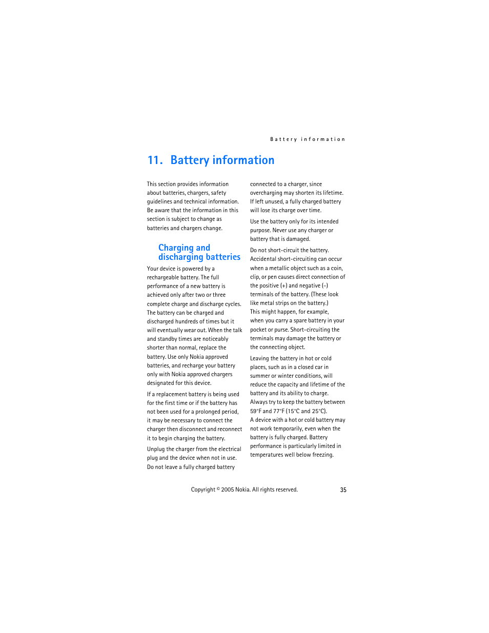 Battery information, Charging and discharging batteries, Charging and discharging batteries 35 | Nokia 2255 User Manual | Page 43 / 54