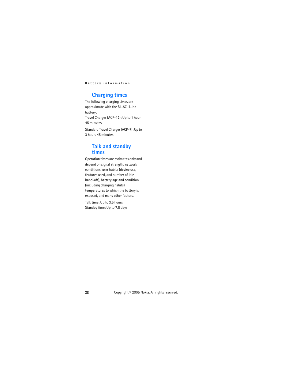 Charging times, Talk and standby times, Charging times talk and standby times | Nokia 2255 User Manual | Page 46 / 54