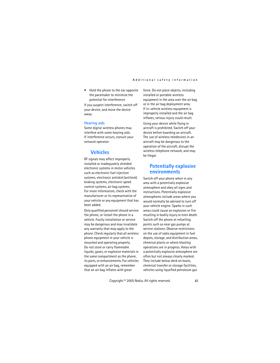 Vehicles potentially explosive environments.41, Vehicles, Potentially explosive environments | Nokia 2255 User Manual | Page 49 / 54