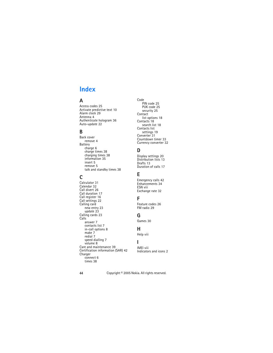 Index | Nokia 2255 User Manual | Page 52 / 54