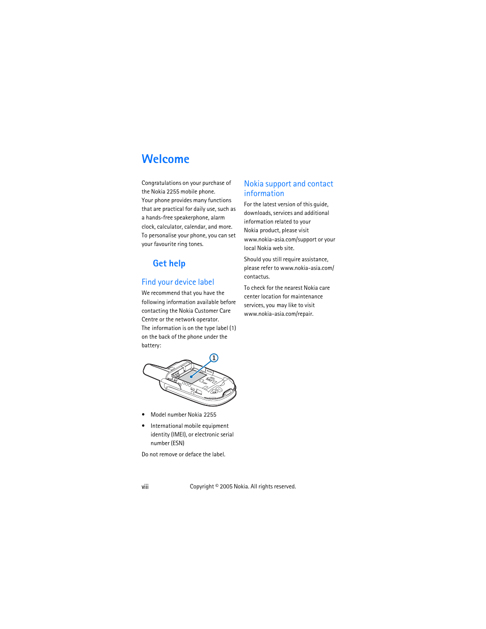 Welcome, Get help, Find your device label | Nokia support and contact information | Nokia 2255 User Manual | Page 8 / 54