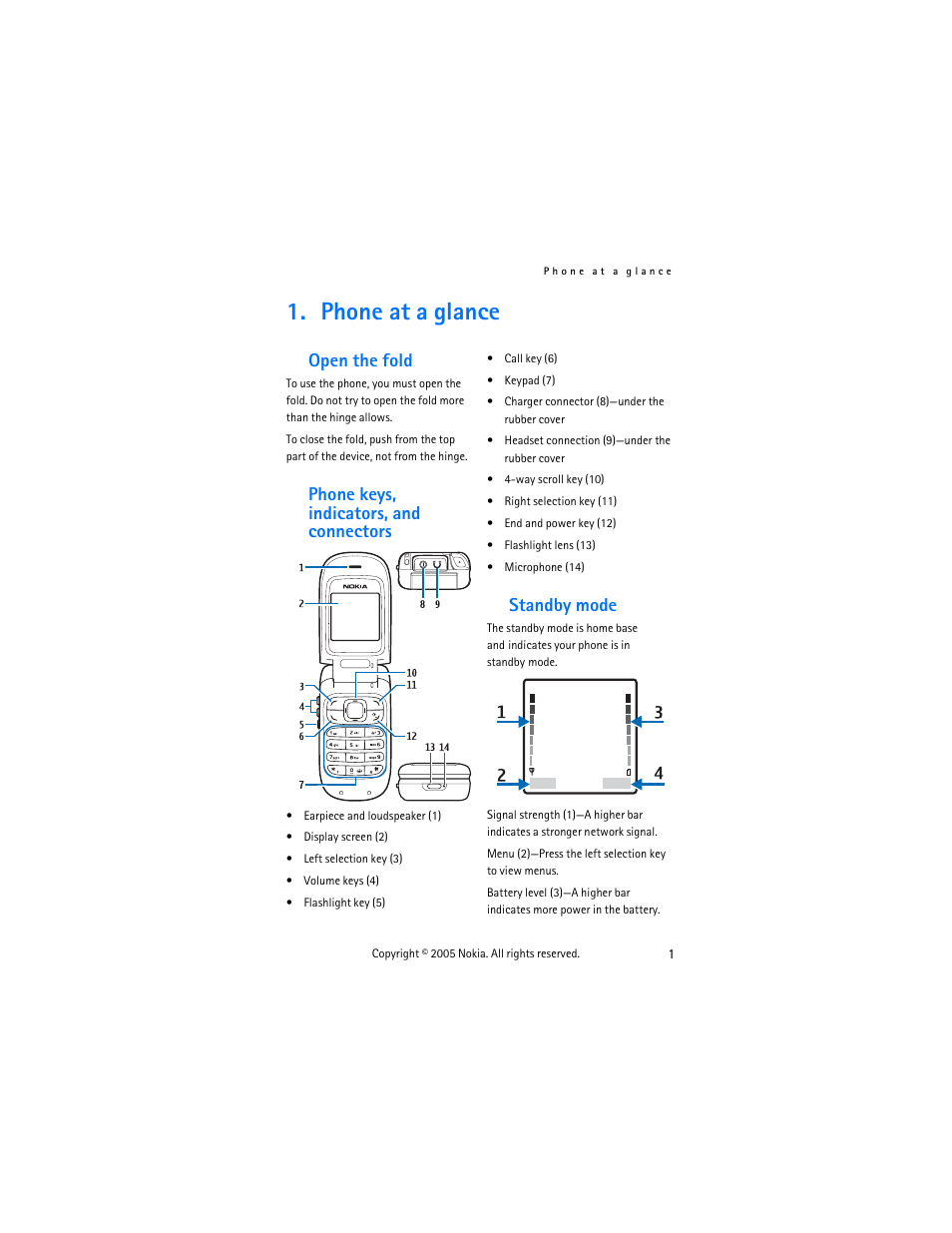 Phone at a glance, Open the fold, Phone keys, indicators, and connectors | Standby mode | Nokia 2255 User Manual | Page 9 / 54