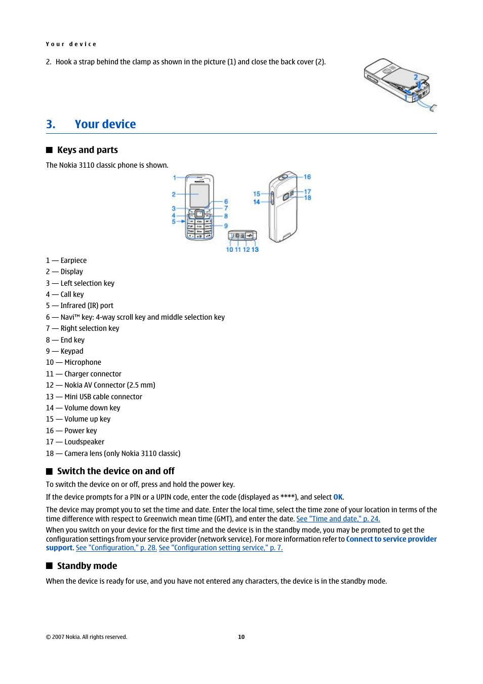 Your device, Keys and parts, Switch the device on and off | Standby mode | Nokia Nokia 3110 classic EN User Manual | Page 10 / 48