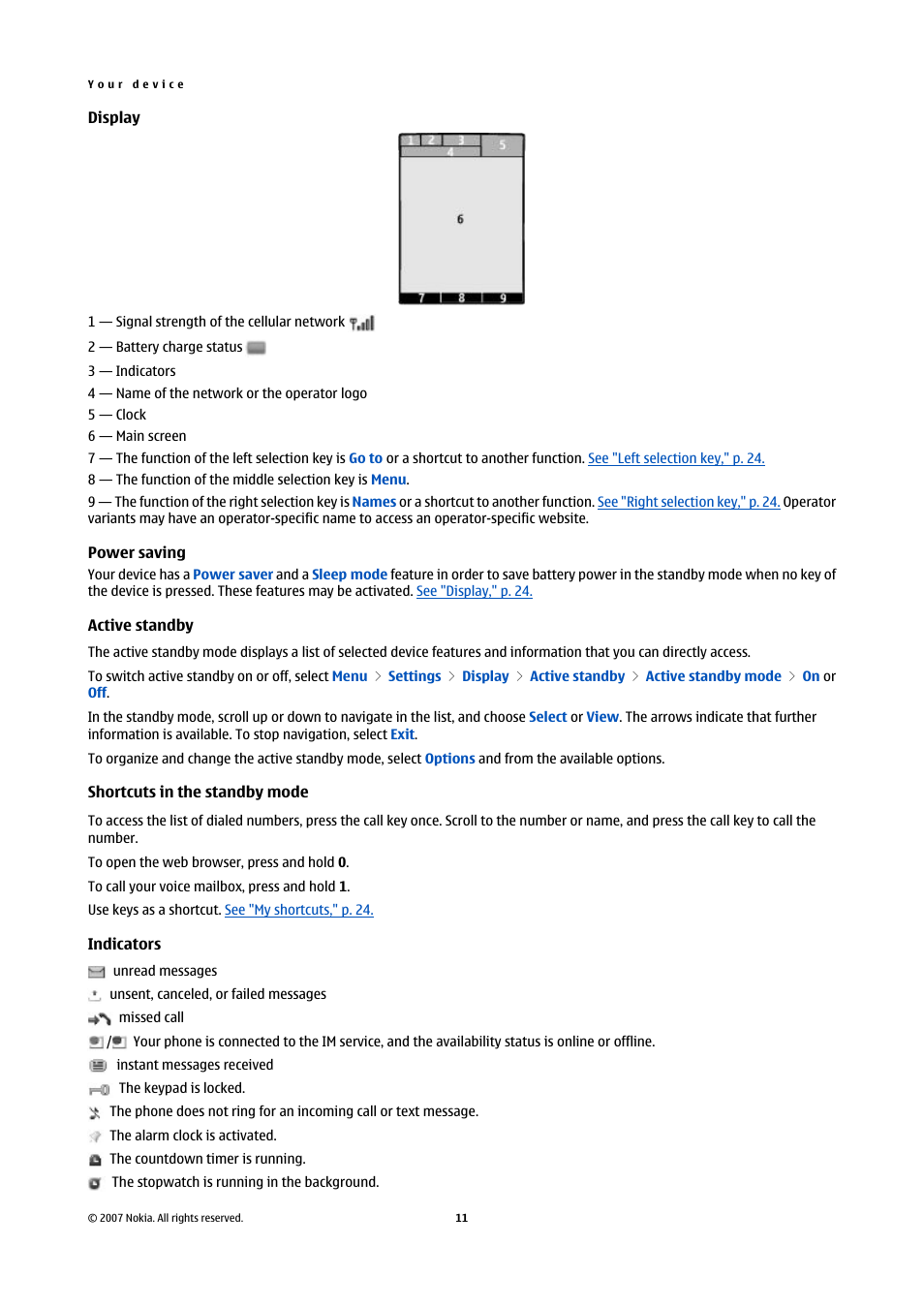 Display, Power saving, Active standby | Shortcuts in the standby mode, Indicators | Nokia Nokia 3110 classic EN User Manual | Page 11 / 48