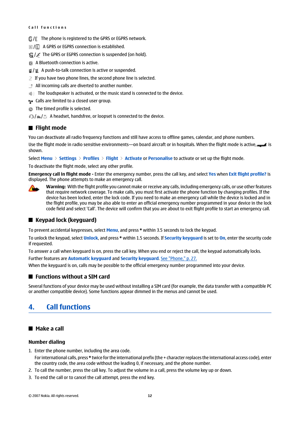 Flight mode, Keypad lock (keyguard), Functions without a sim card | Call functions, Make a call, Number dialing | Nokia Nokia 3110 classic EN User Manual | Page 12 / 48