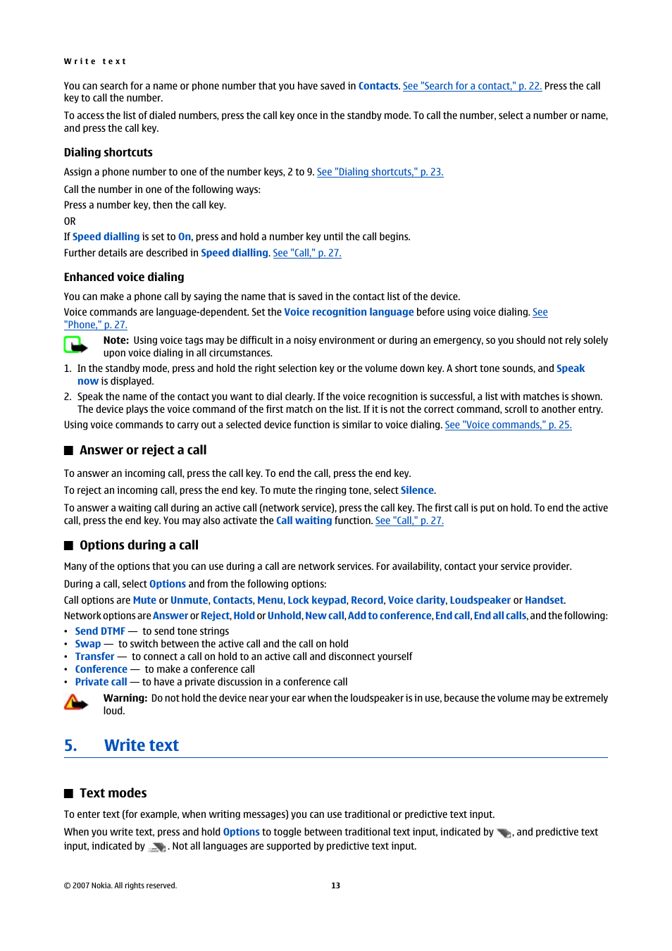 Dialing shortcuts, Enhanced voice dialing, Answer or reject a call | Options during a call, Write text, Text modes | Nokia Nokia 3110 classic EN User Manual | Page 13 / 48