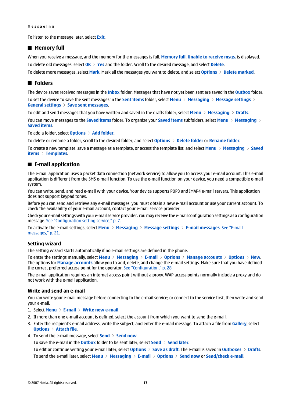 Memory full, Folders, E-mail application | Setting wizard, Write and send an e-mail | Nokia Nokia 3110 classic EN User Manual | Page 17 / 48