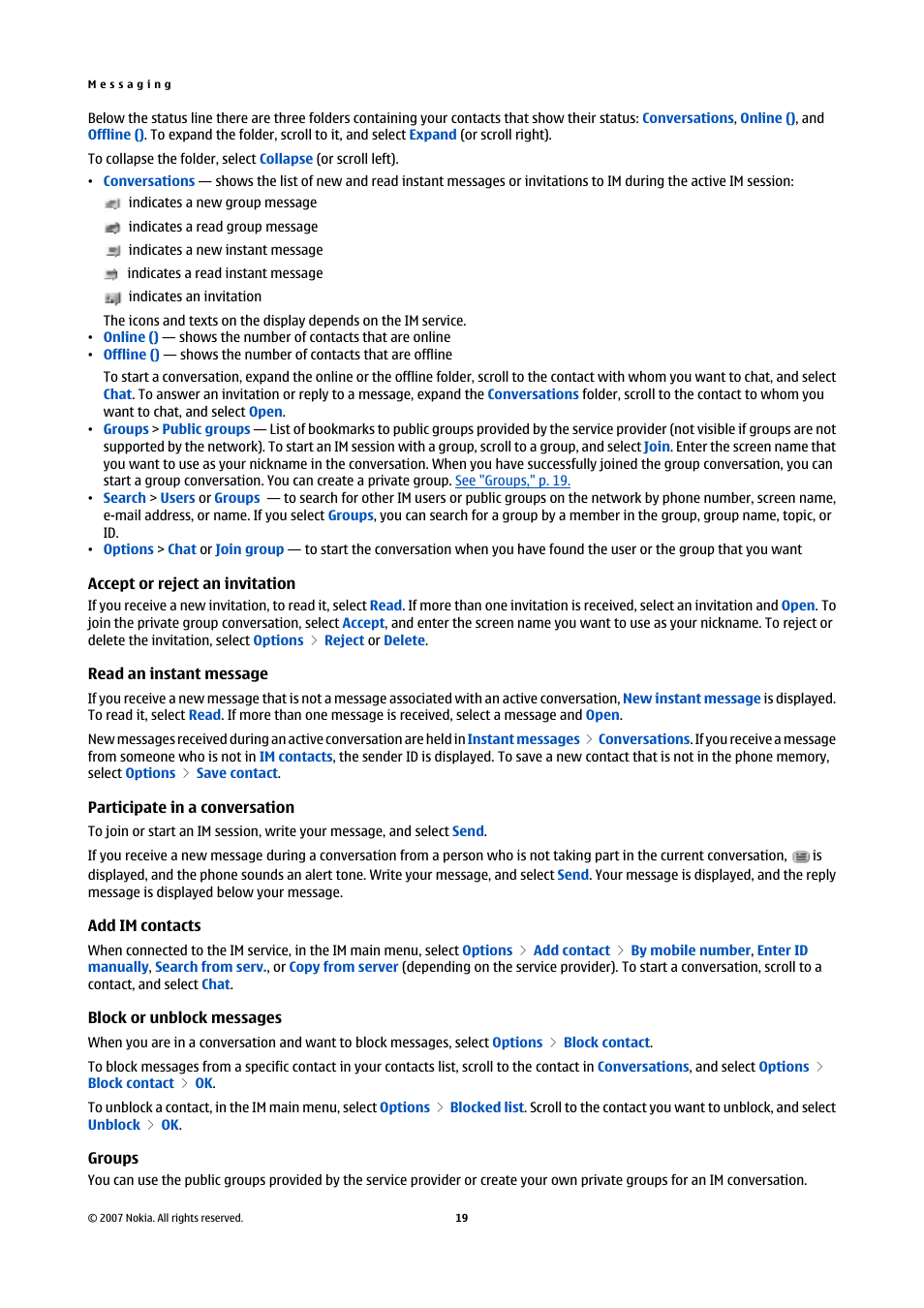 Accept or reject an invitation, Read an instant message, Participate in a conversation | Add im contacts, Block or unblock messages, Groups | Nokia Nokia 3110 classic EN User Manual | Page 19 / 48