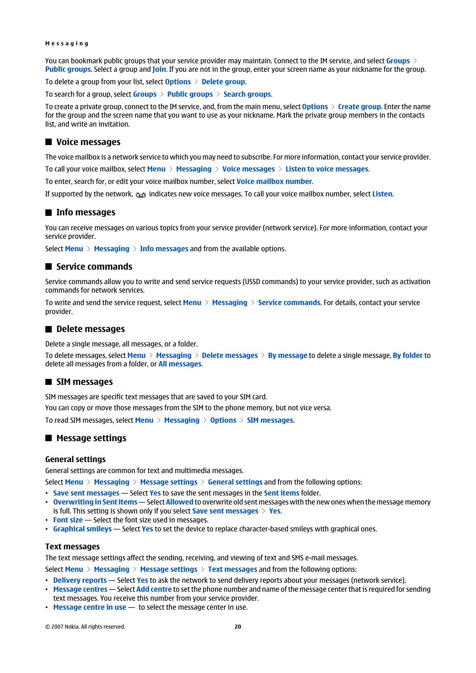 Voice messages, Info messages, Service commands | Delete messages, Sim messages, Message settings, General settings, Text messages, See "message, Settings," p. 20 | Nokia Nokia 3110 classic EN User Manual | Page 20 / 48